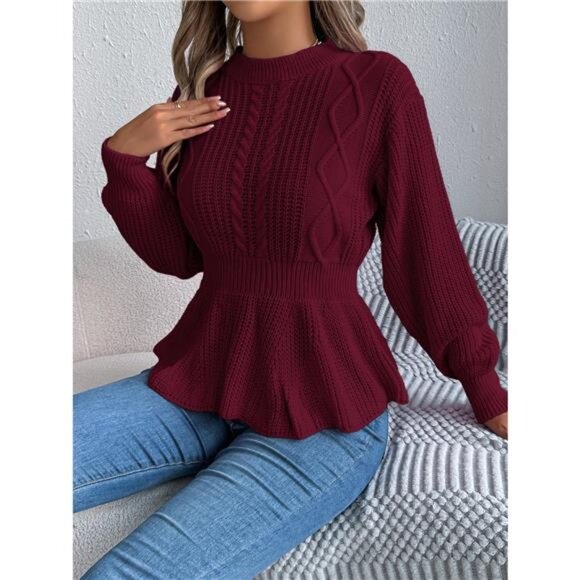 Cable Knit Round Neck Peplum Sweater - Picture 13 of 16